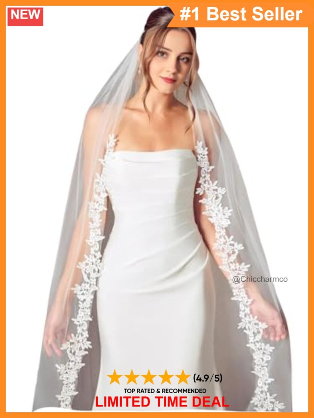 Pearl Lace Edge 1 Tier Long Bridal Veil with Comb Tulle Cathedral Wedding Veil